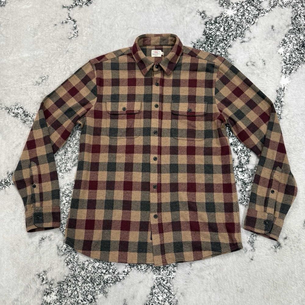 Feherty Brand Mens Sz L Plaid Flannel Tan Shirt Supima Cotton Lyocell Pocket